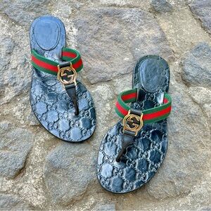 GUCCI Riviera GG Logo Interlocking Monogram Web Thong Sandals